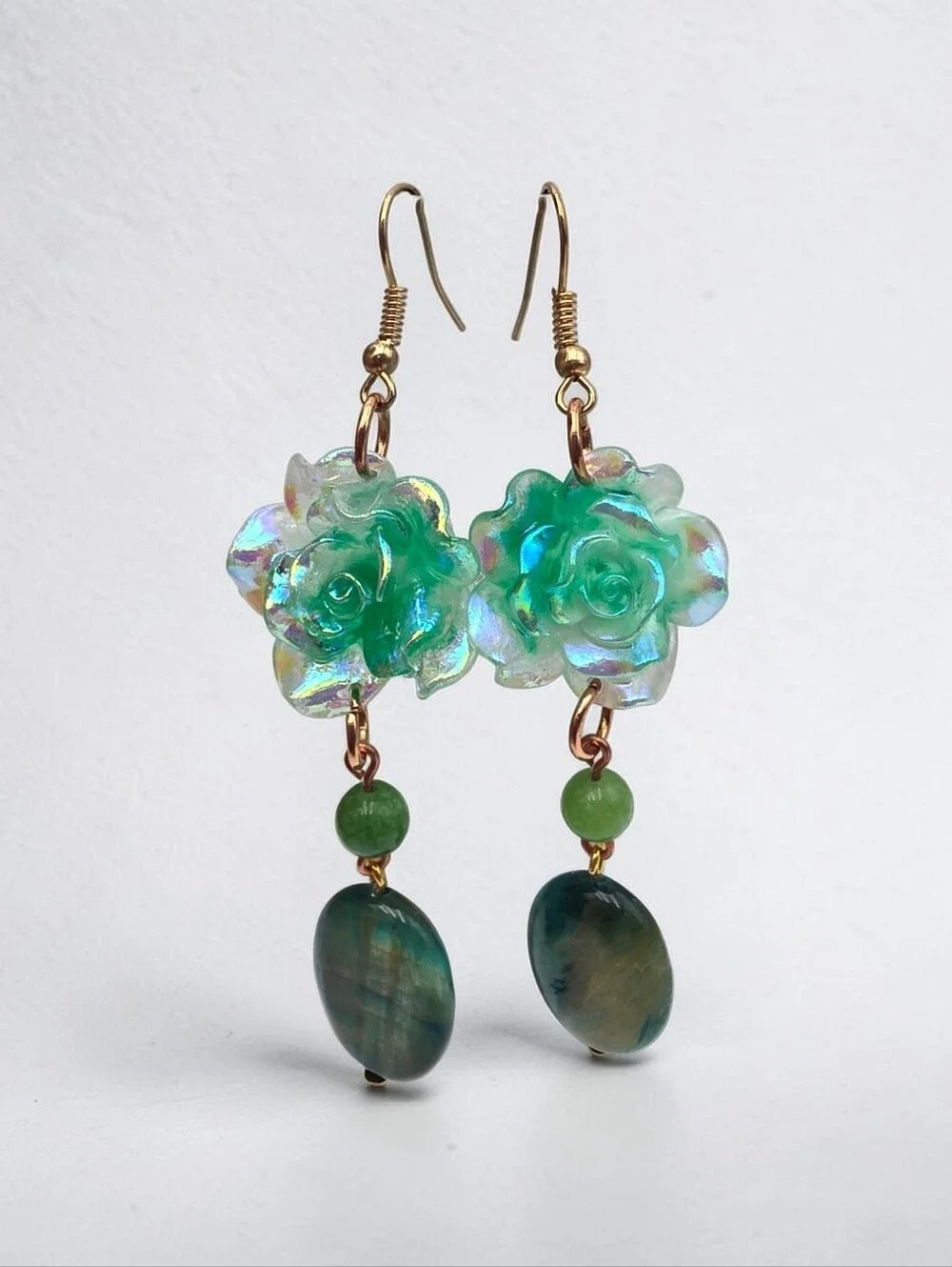 Handmade Iridescent Green Flower Drop Earrings with Green Jasper Stone - Picture 1 of 5